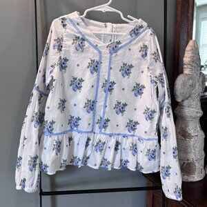 Janie and Jack Girls White and Blue Floral Peplum Top Blouse Size 8